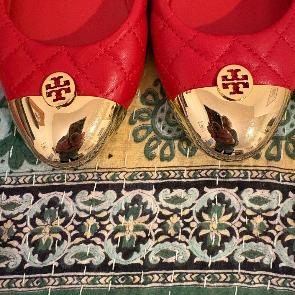 Tory Burch Red Quilted Flats with Gold Toe Caps